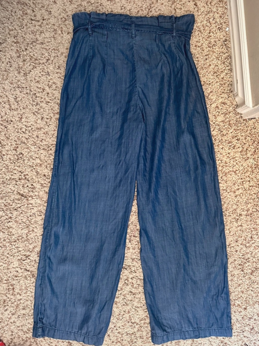 Paperbag Waist Wide-Leg Chambray Lyocell Pants with Self Tie - Blue - Picture 4 of 6